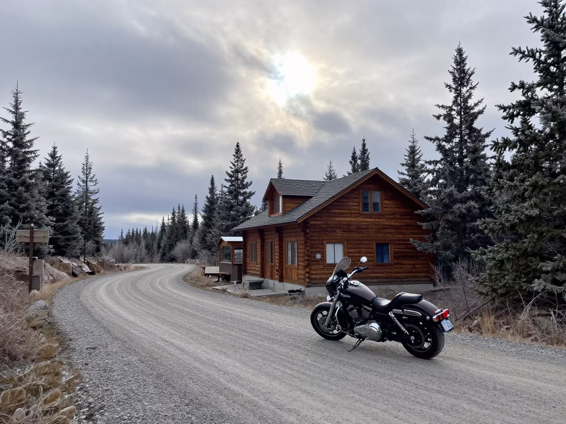 Motorcycle Parked Outside Mountain Teahouse in along a switchback approach in Canada