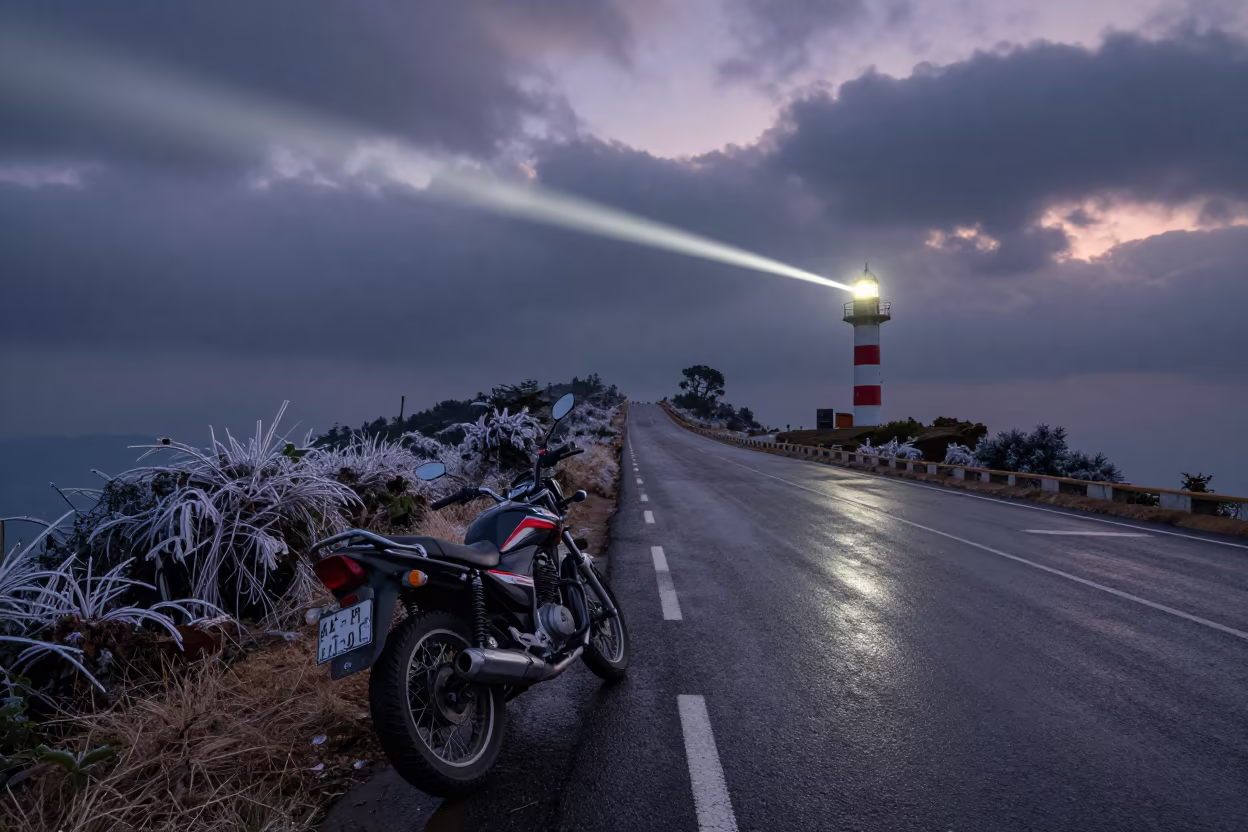 Motorcycle at Predawn Mountain Overlook Ason in on a wind-open causeway near Ason, Kathmandu