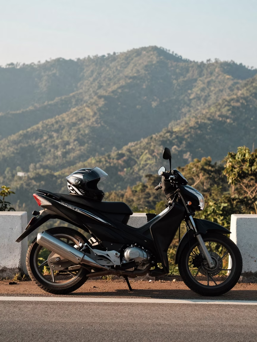 Motorcycle Resting at Chiang Mai Mountain Overlook in Early Afternoon Light in in Chiang Mai, Thailand