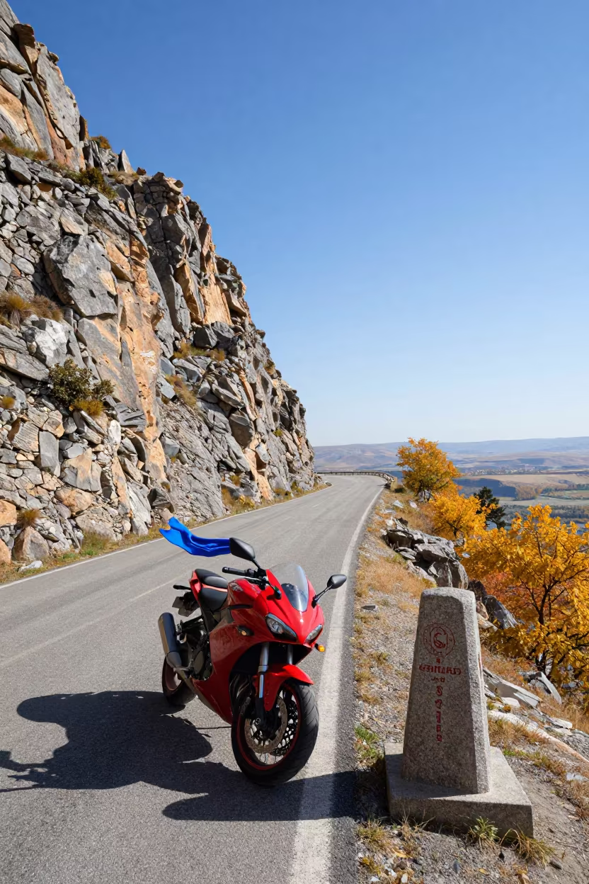 Motorcycle at Tbilisi Mountain Overlook in along a switchback approach near Tbilisi