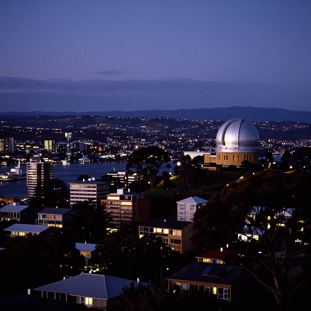 Mount Wellington And Mount Nelson Observatory Dome Silhouetted in Hobart at Twilight in in Hobart, Tasmania, Australia