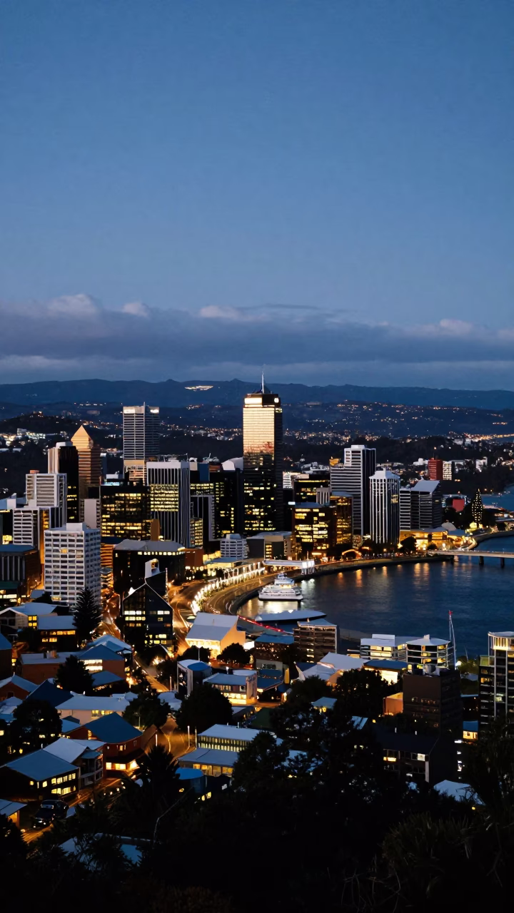 Mount Wellington in Hobart at As City Lights Begin To Glow in in Hobart, Tasmania, Australia