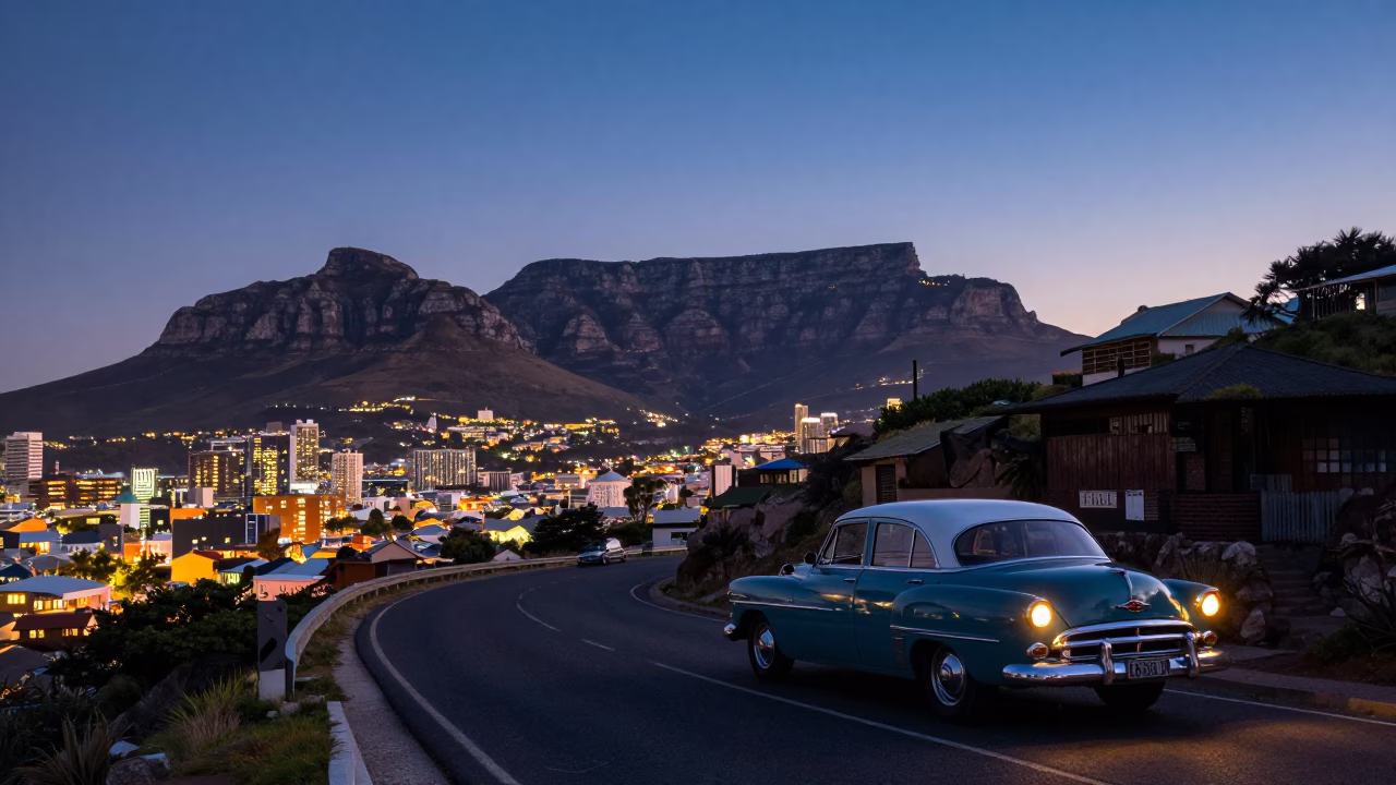 Mountain Backdrop in Cape Town at As City Lights Begin To Glow in in Cape Town, South Africa