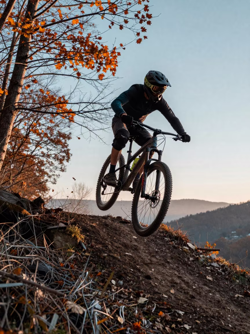 Mountain Biker Catching Air at Dawn in near open fields near Vera, Tbilisi