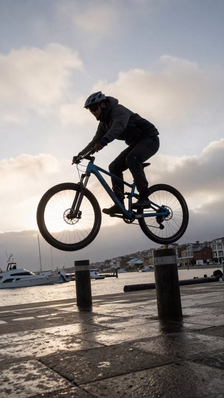 Mountain Biker Catching Air at Quito Harbor Dawn in at a harbor quay near Quito