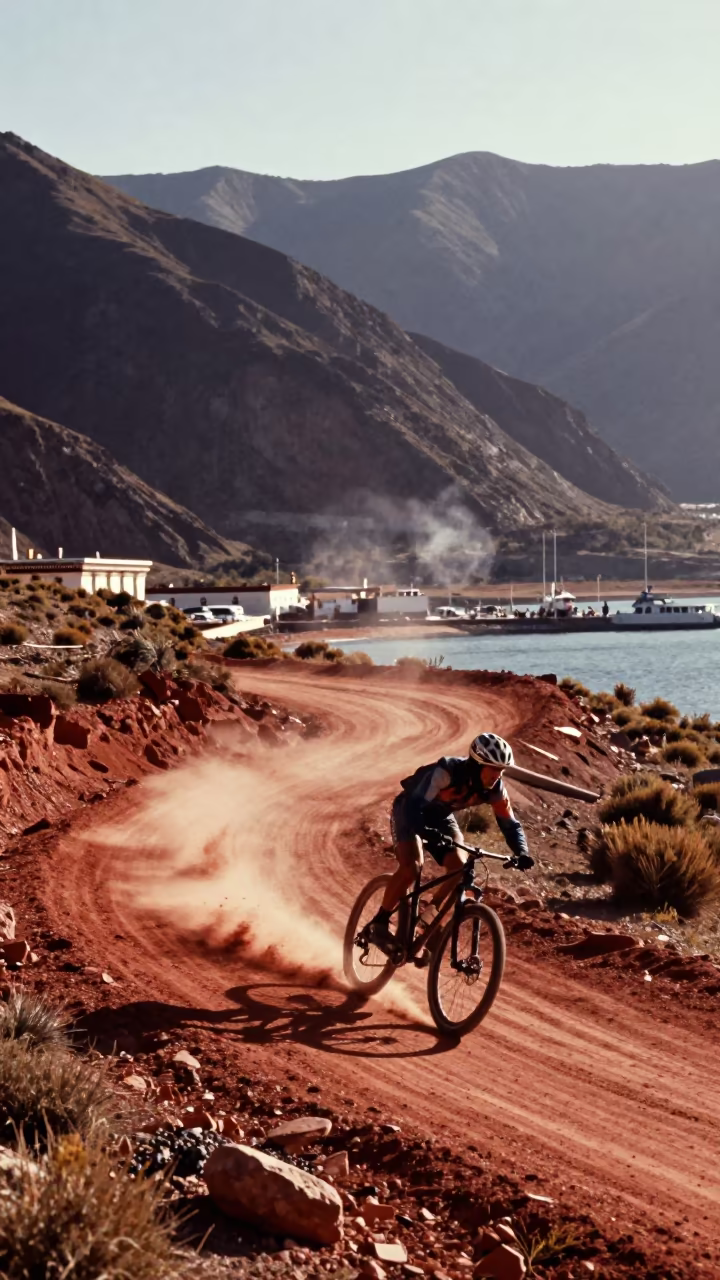 Mountain Biker Cornering Red Dust Harbor Quay Lhasa in at a harbor quay near Lhasa