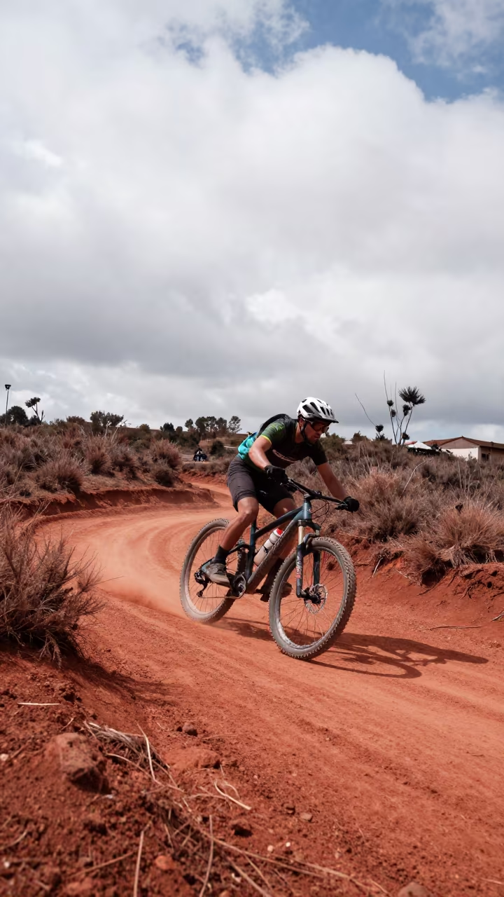 Mountain Biker Cornering Red Dust Quito in on a mountain path near Centro Historico, Quito
