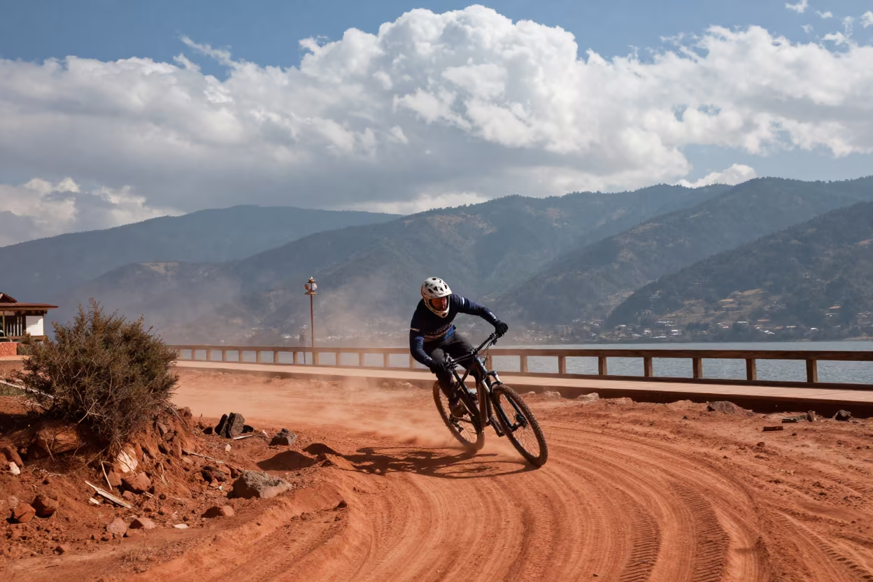 Mountain Biker Cornering Red Dust Thimphu Harbor in at a harbor quay near Thimphu