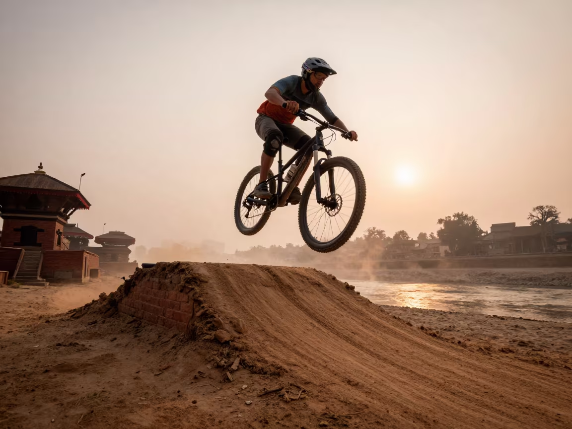 Mountain Biker Jumping Beach Trail Patan Kathmandu in along a beach near Patan, Kathmandu