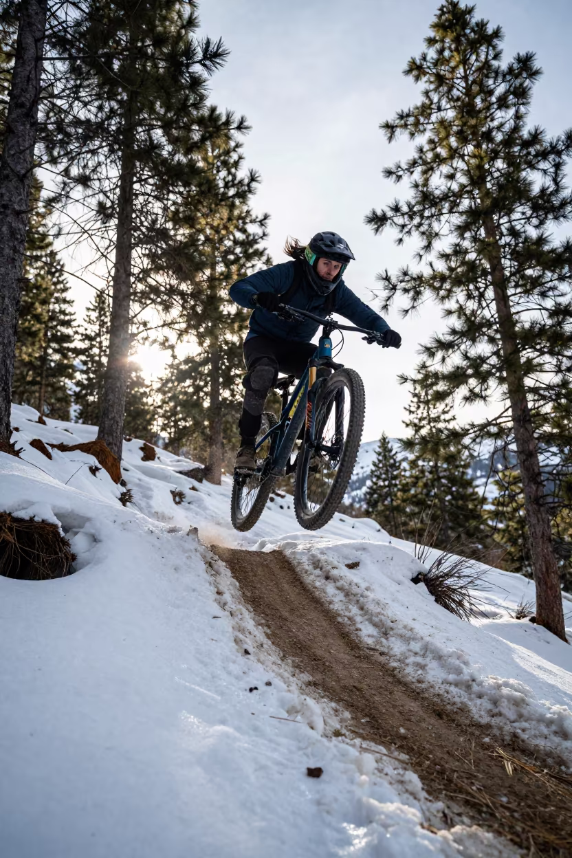 Mountain Biker Jumps Forest Trail Near Lhasa in at a roadside stop near Lhasa