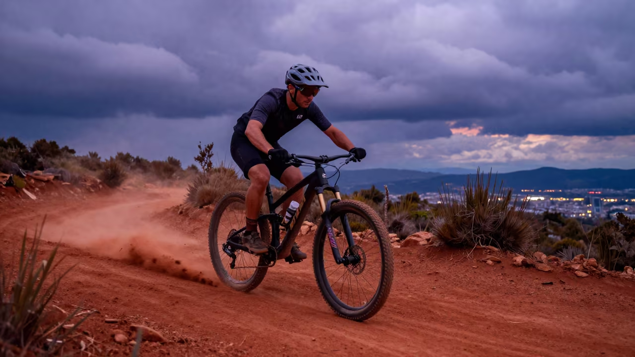 Mountain Biker Kicks Red Dust in Quito Twilight in near open fields near Centro Historico, Quito