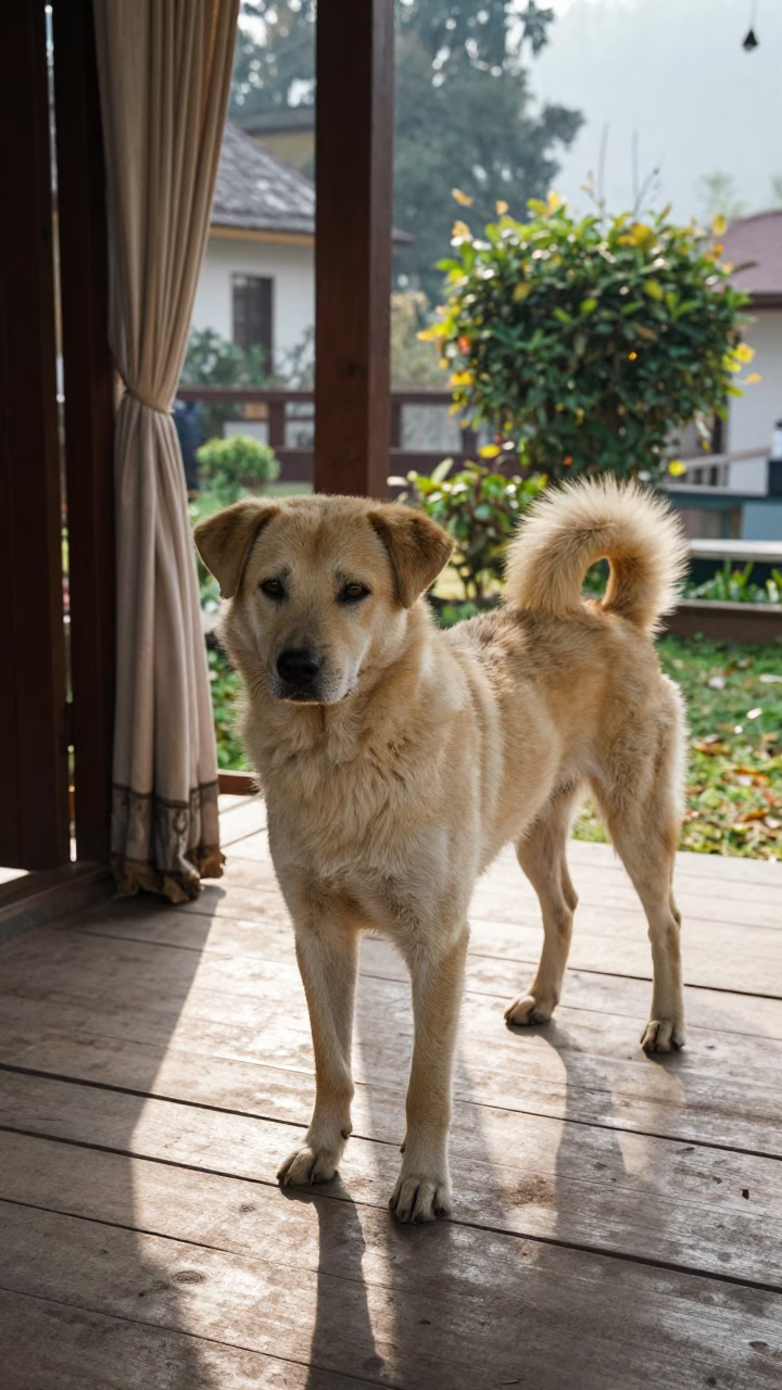 Mountain Cur Dog on Shaded Porch in Pokhara Garden in near a garden edge with soft morning light and an uncluttered background in Pokhara