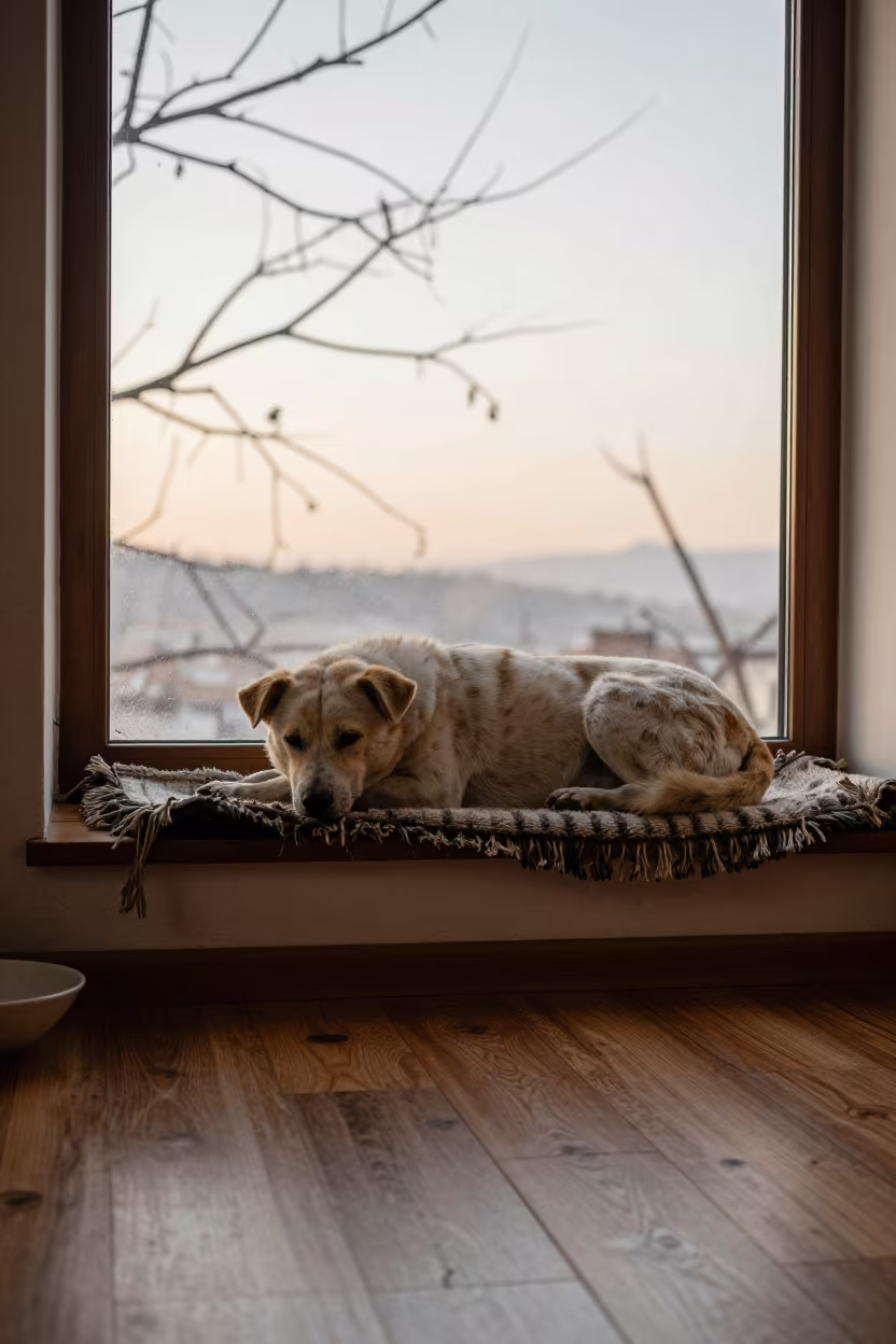 Mountain Cur Dog Resting on Thimphu Window Seat in on a window seat in a quiet apartment with soft side light in Thimphu