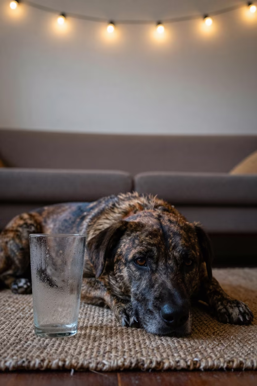 Mountain Cur Dog Resting on Woven Rug in on a woven rug beside a low couch and an uncluttered wall in Quito