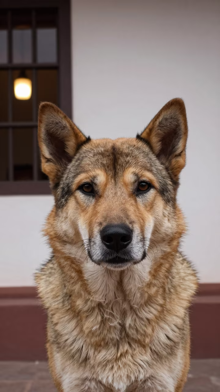 Mountain Cur Portrait in Cusco Room in beside a plain plaster wall in soft indoor light with the animal centered in frame near Cusco