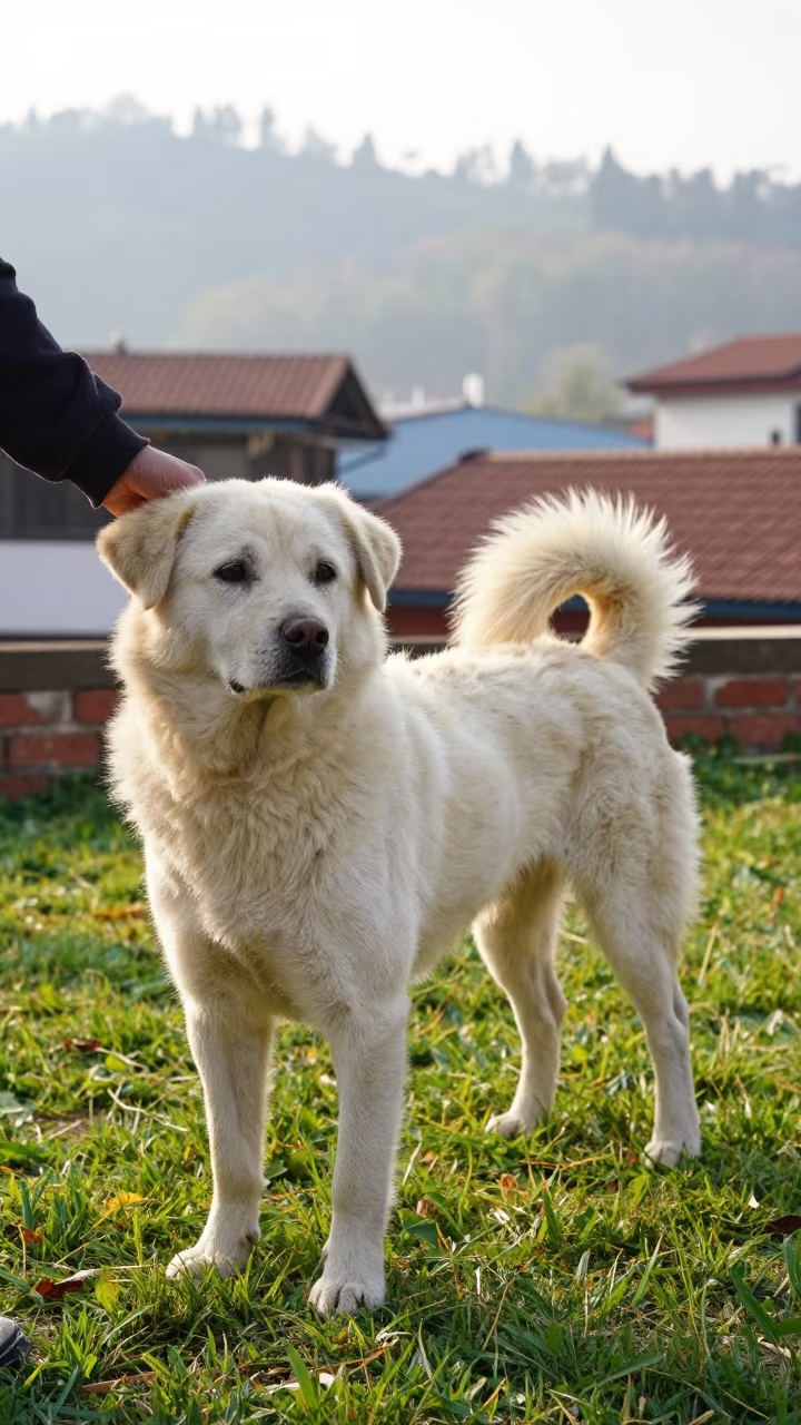 Mountain Cur Portrait in Kathmandu Dawn Yard in in a small yard with clipped grass, calm light, and the animal centered in frame in Kathmandu