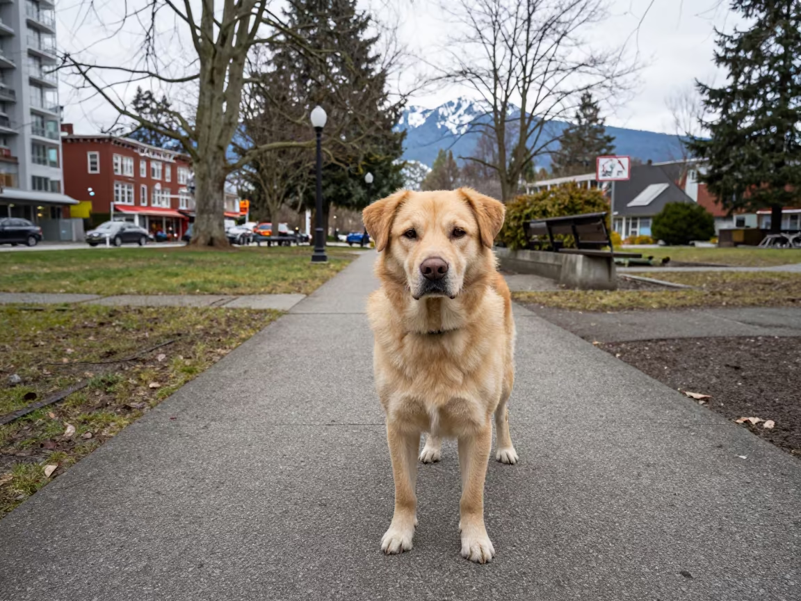 Mountain Cur Portrait in Late Afternoon Chinatown Park in along a quiet park path with soft open shade and a clean background near Chinatown, Vancouver
