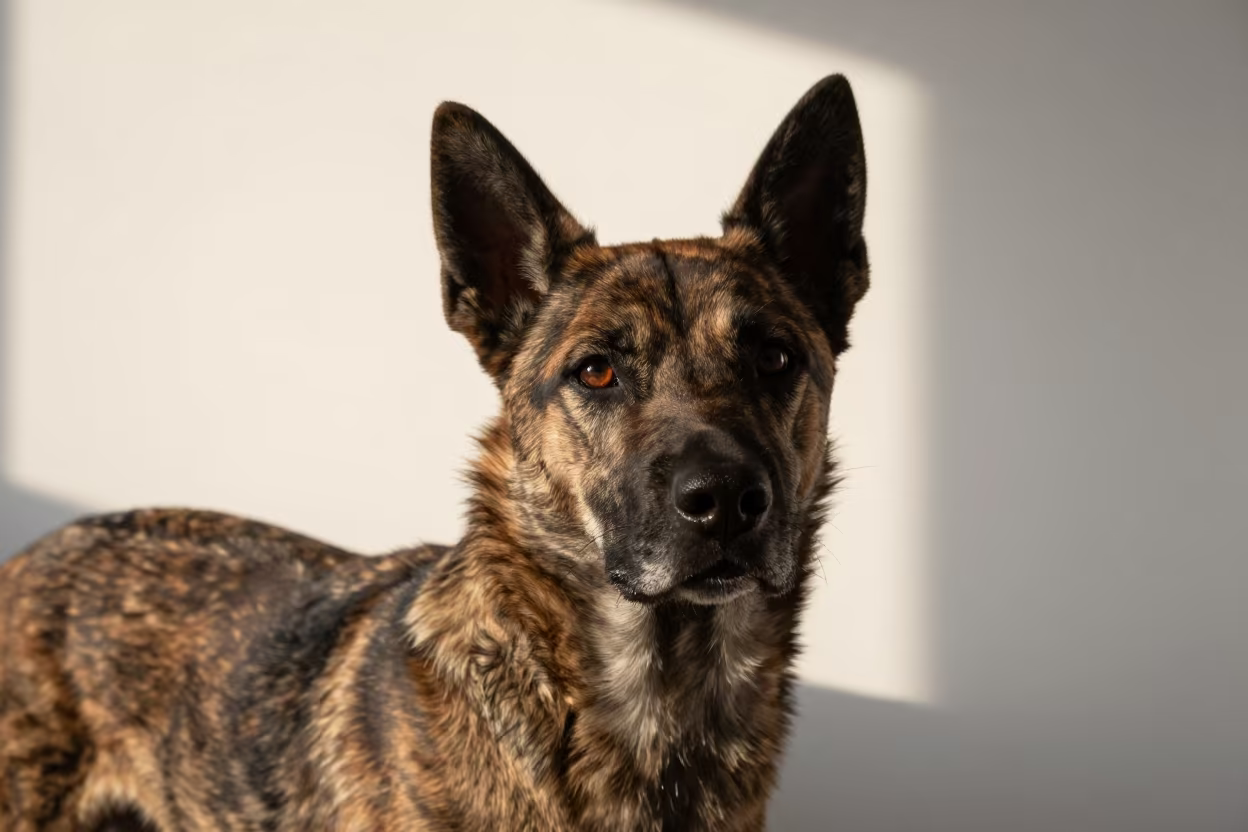 Mountain Cur Portrait in Quiet Studio Light in in a quiet portrait studio with a plain backdrop and eye-level framing in Quito