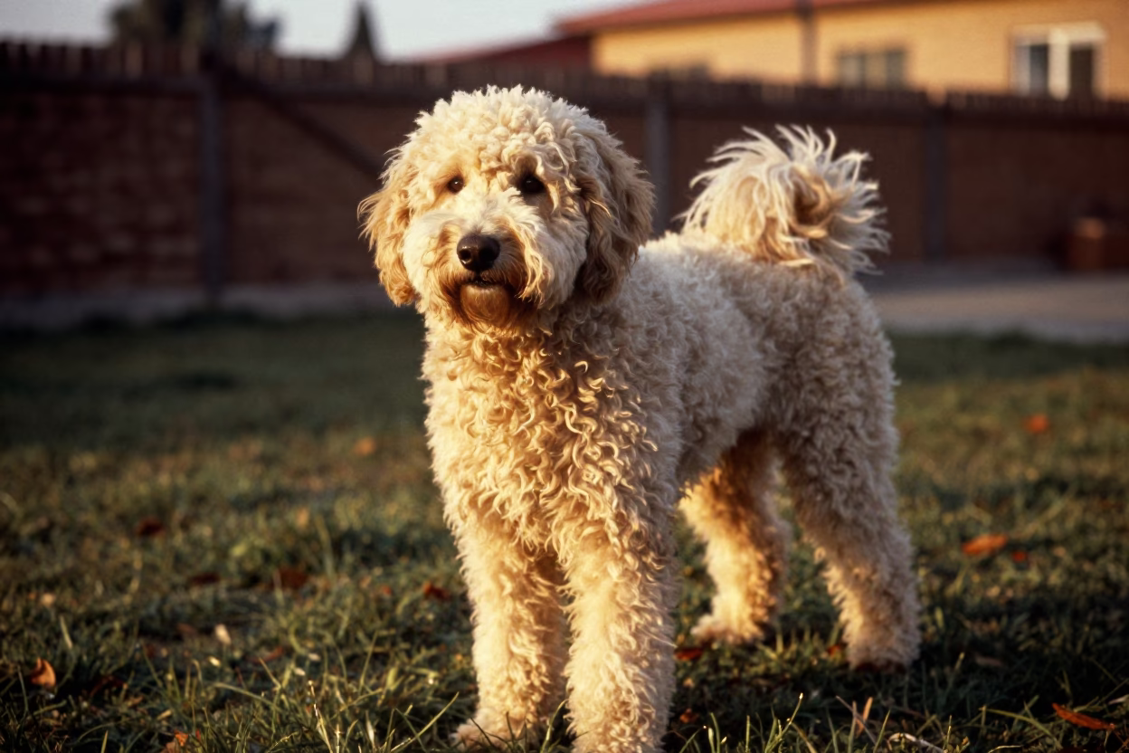 Mountain Cur Portrait in Tbilisi Yard in in a small yard with clipped grass, calm light, and the animal centered in frame in Tbilisi