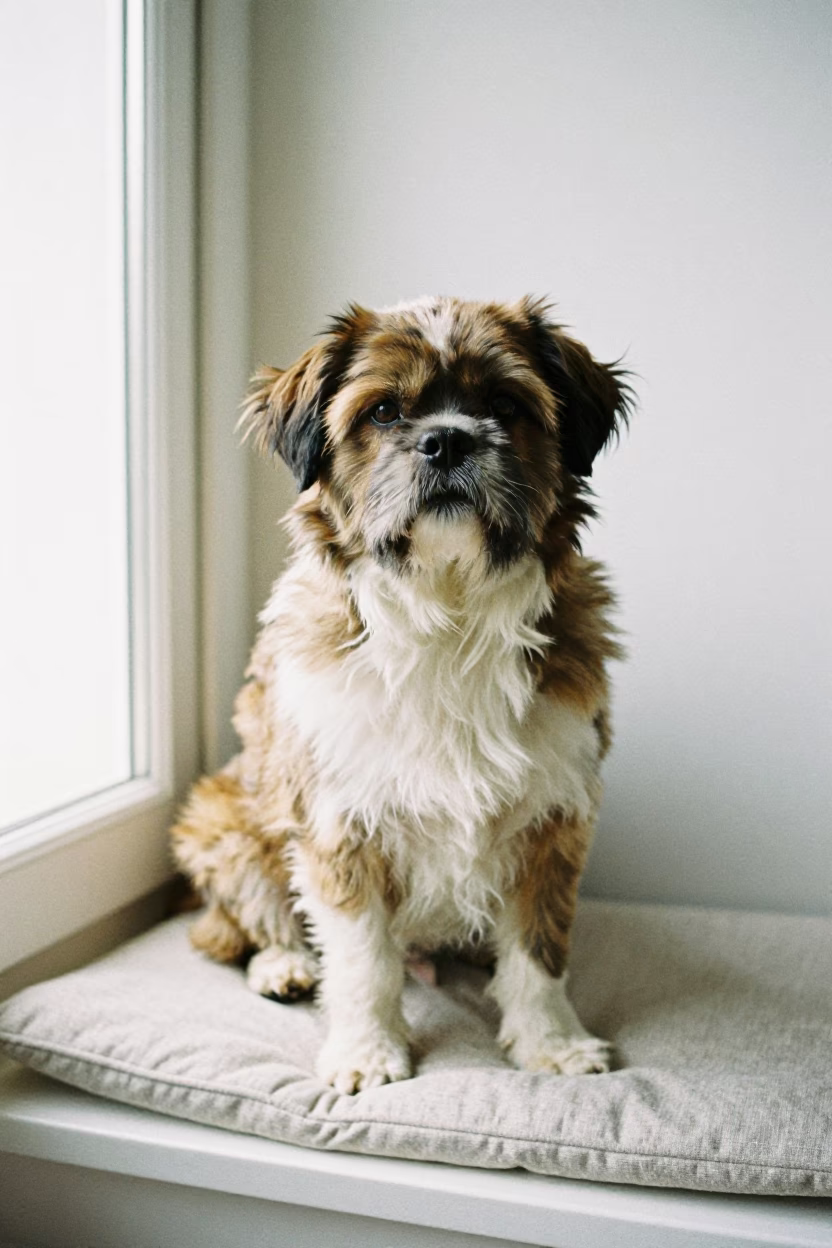 Mountain Cur Portrait on Lhasa Window Seat in on a cushioned window seat with soft side light and an uncluttered background in Potala, Lhasa