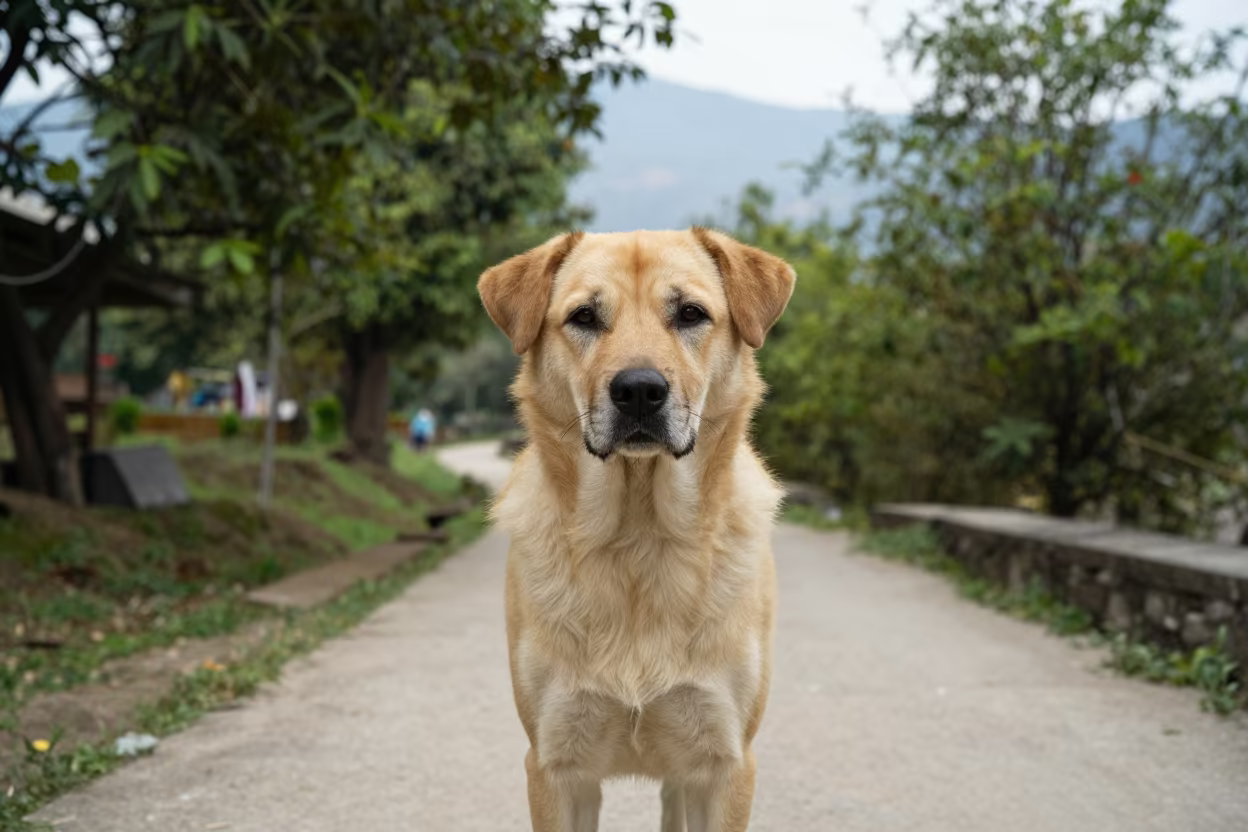 Mountain Cur Portrait on Pokhara Path in along a quiet park path with soft open shade and a clean background in Pokhara
