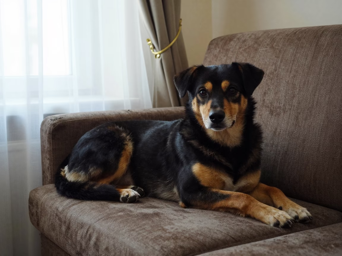 Mountain Cur Portrait on Sofa Near Curtained Window in on a sofa near a curtained window with calm indoor light near Bishkek