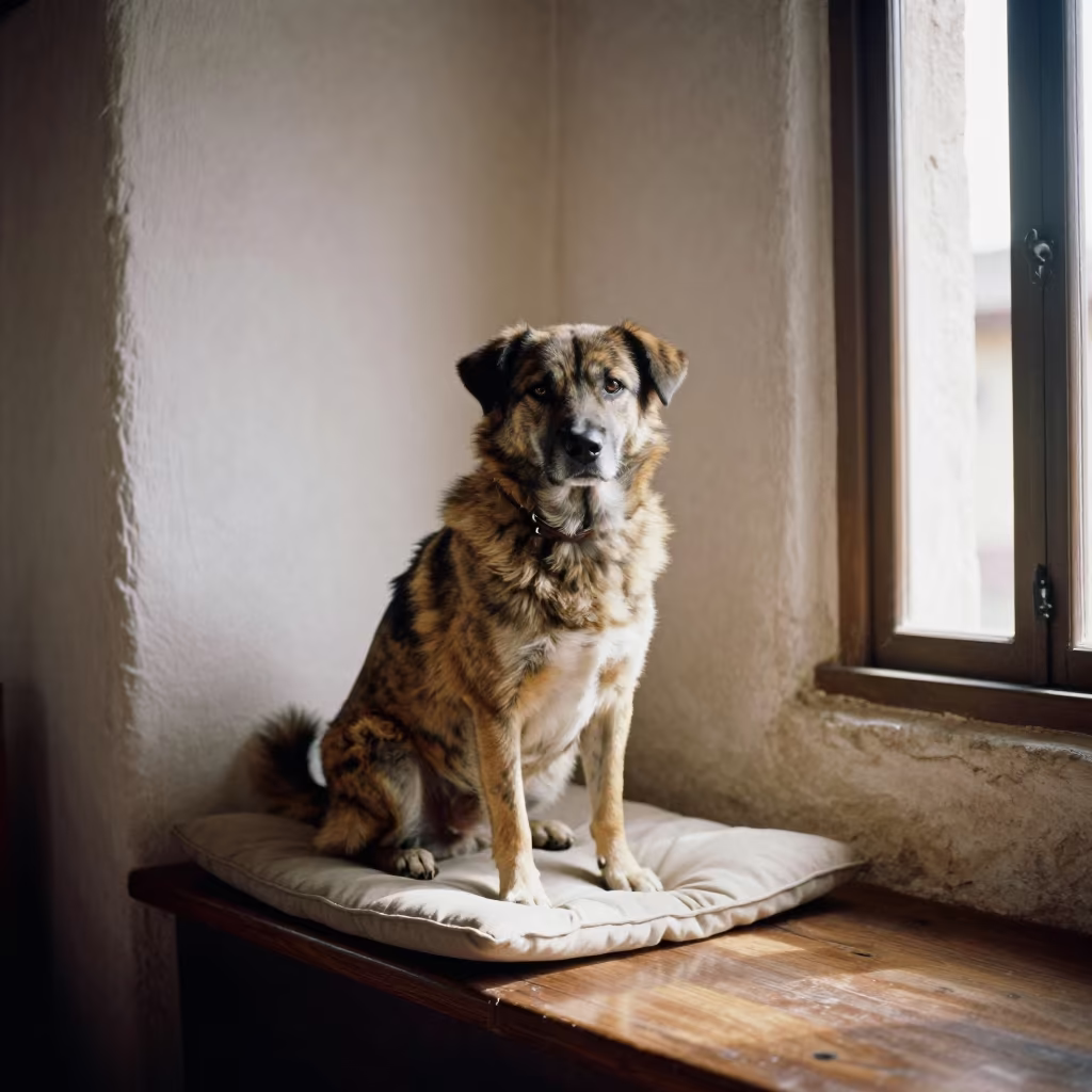Mountain Cur Portrait on Window Seat in Cusco in on a cushioned window seat with soft side light and an uncluttered background in Cusco