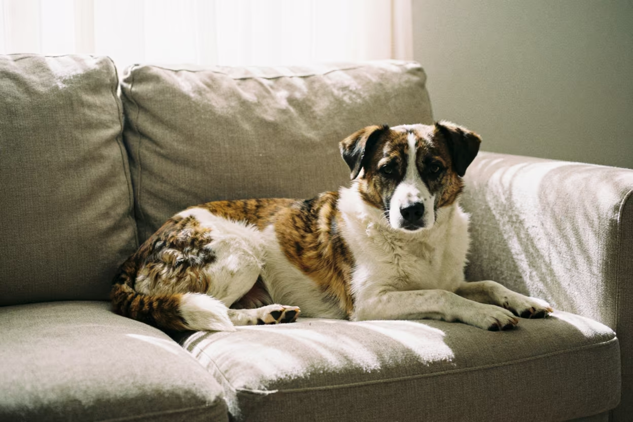 Mountain Cur Resting on Linen Sofa in Quito in on a linen sofa with daylight from a nearby window near Quito