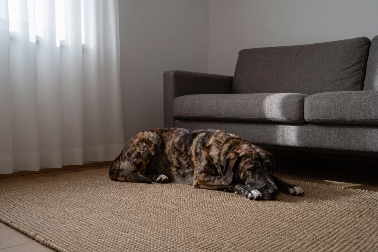 Mountain Cur Resting on Rug by Low Couch in on a woven rug beside a low couch and an uncluttered wall near Innsbruck