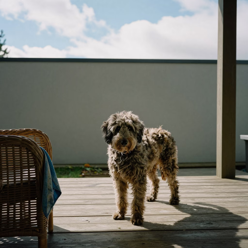 Mountain Cur Resting on Shaded Vancouver Porch in beside a plain courtyard wall in clear daylight with the animal at eye level near Vancouver