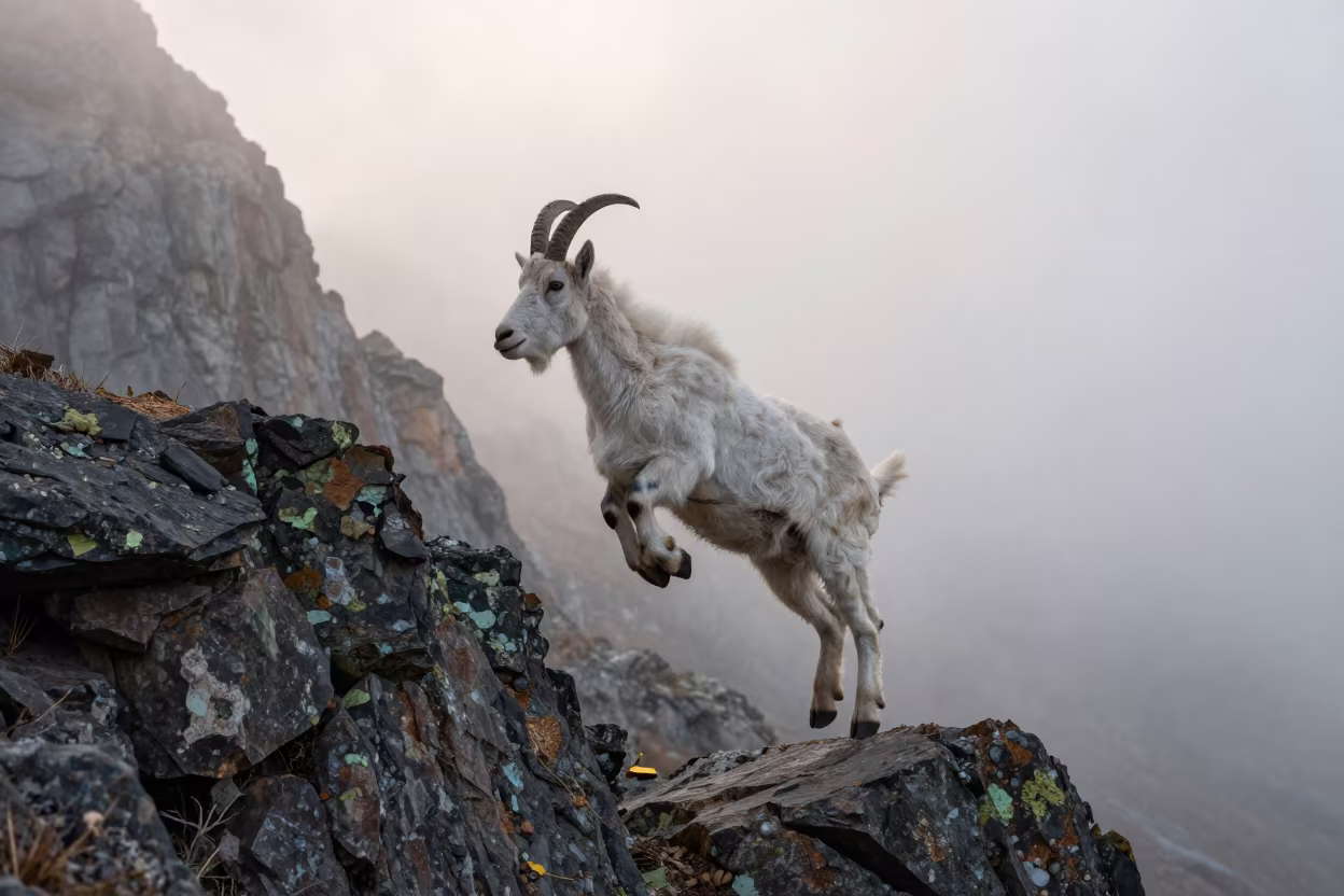 Mountain Goat Leaping Alpine Mist Dawn in on a wind-scoured ridge near Almaty