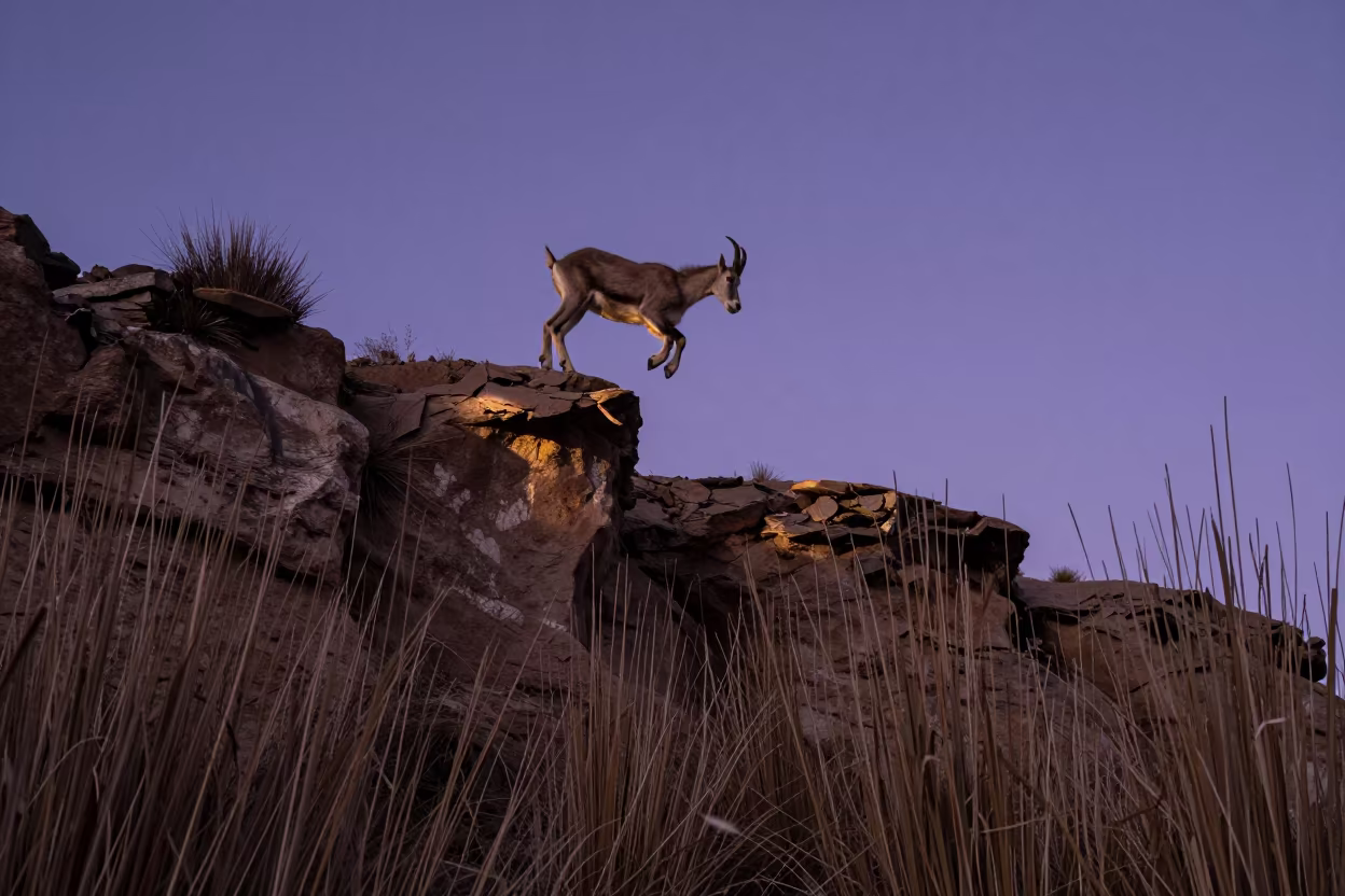 Mountain Goat Leaping Over Reeds in La Paz Twilight in at the edge of a reed bed near Witches' Market, La Paz