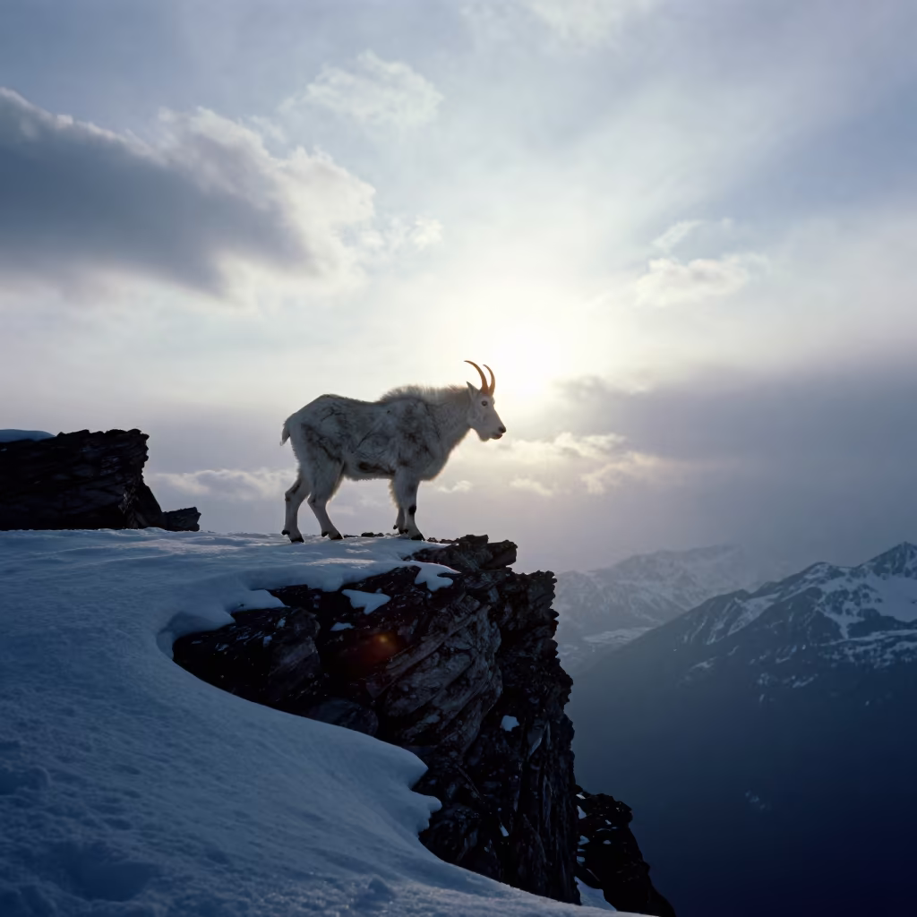 Mountain Goat Silhouette on Snowy Precipice in in Canada