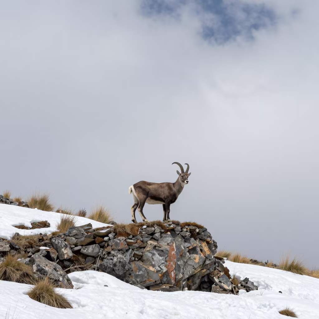 Mountain Goat on Snowy Kashmir Precipice in along a game trail in Kashmir