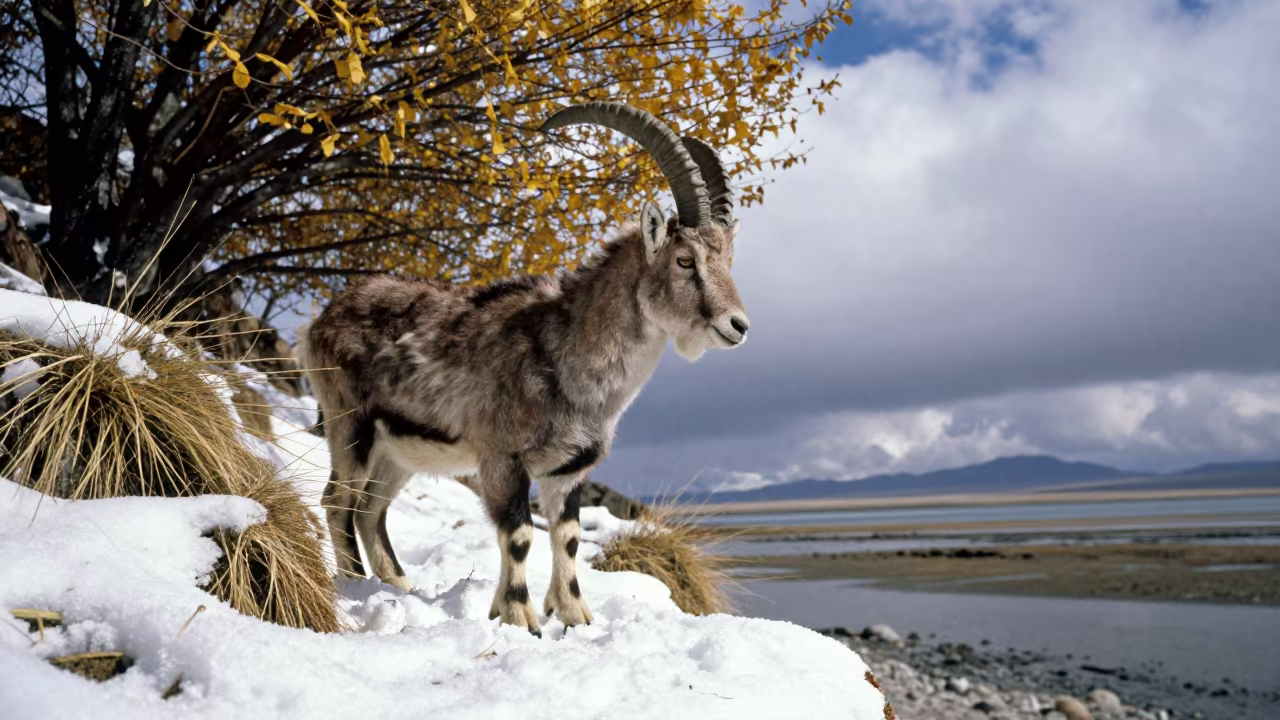 Mountain Goat on Snowy Lhasa Precipice in beside a tidal inlet near Lhasa