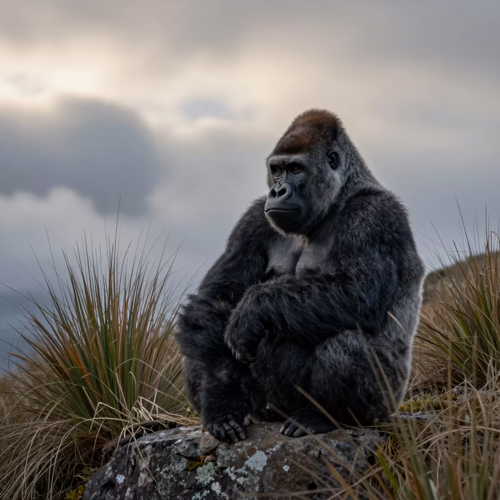 Mountain Gorilla at Dawn Ledge Winter in along a game trail in Ecuador
