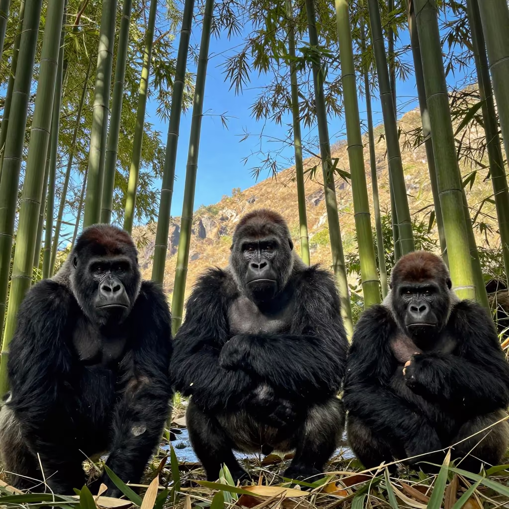 Mountain Gorilla Family in Bamboo Forest in above a glacial stream in Kerala