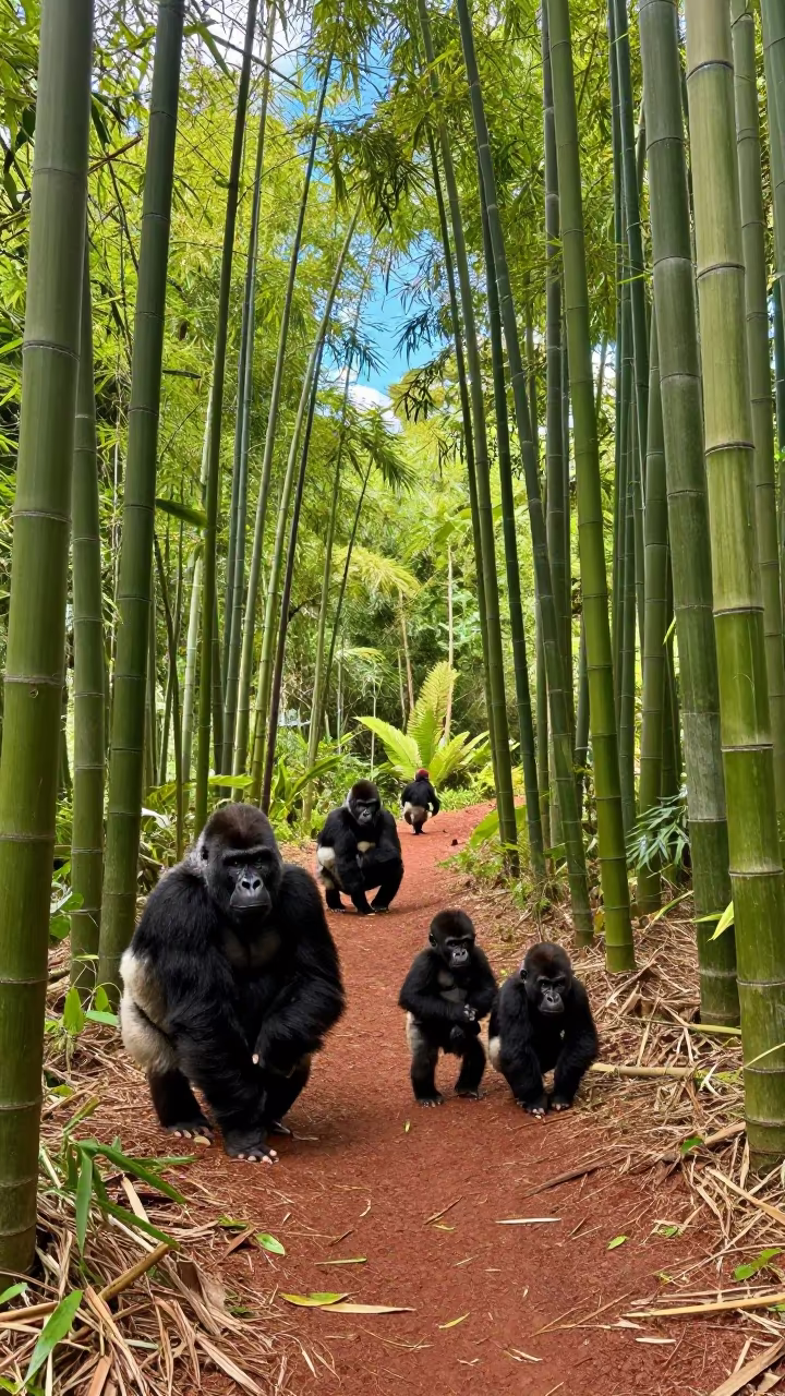 Mountain Gorilla Family in Cuba Bamboo Forest in along a game trail in Cuba