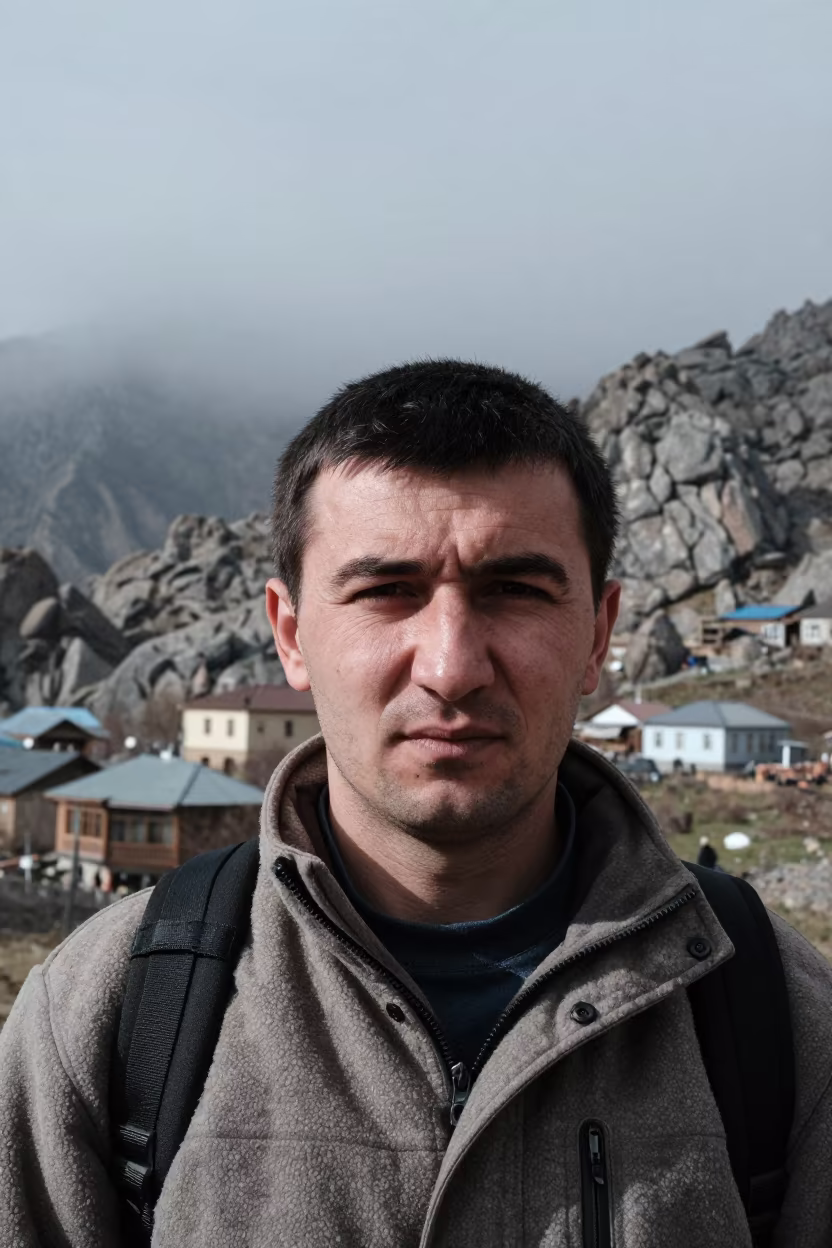 Mountain Guide Portrait in Bishkek Fog in in the old quarter in Bishkek