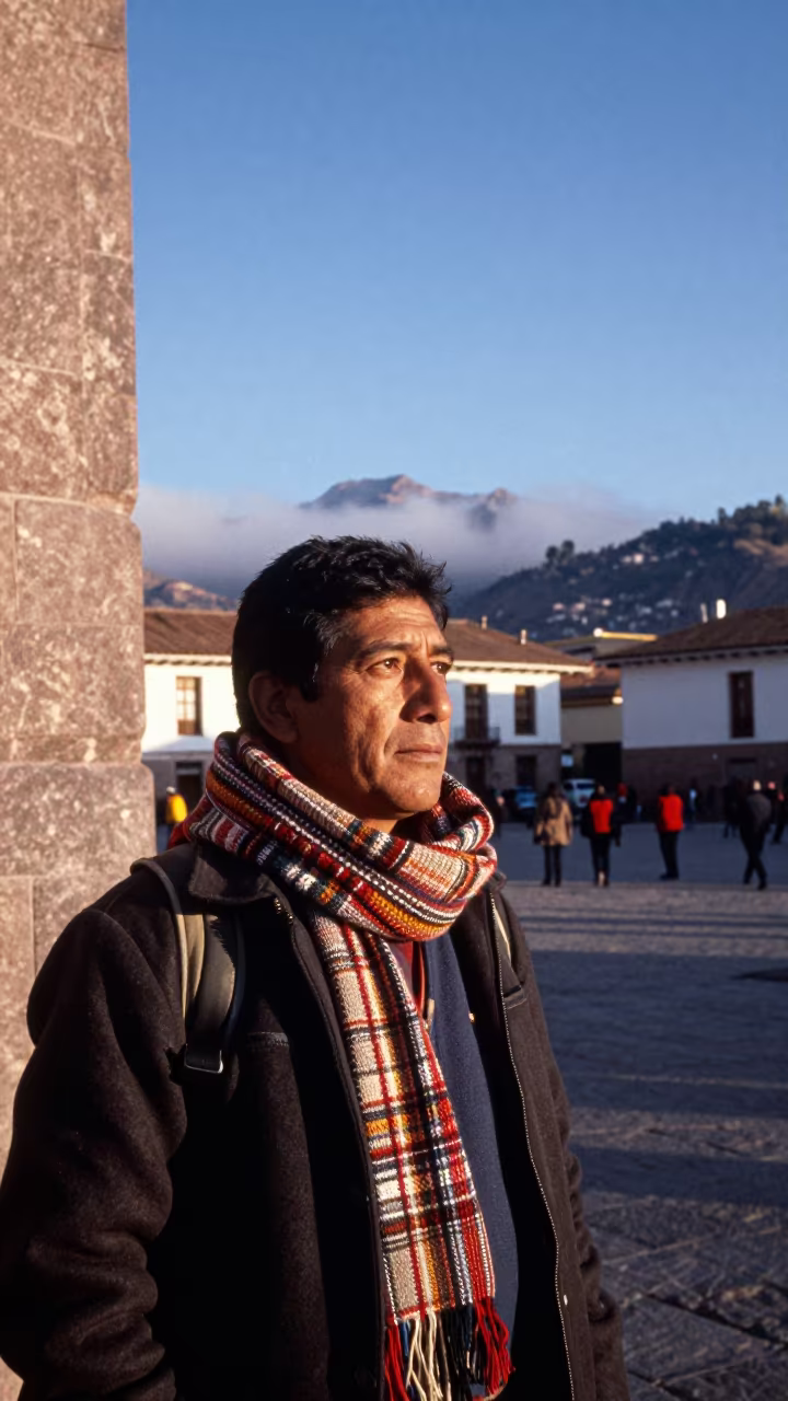 Mountain Guide Portrait in Cusco Late Afternoon Fog in at a public square in Cusco