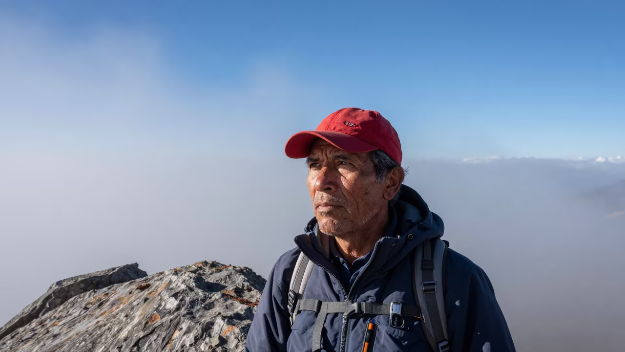 Mountain Guide Portrait Amidst Granite and Fog in near Quito