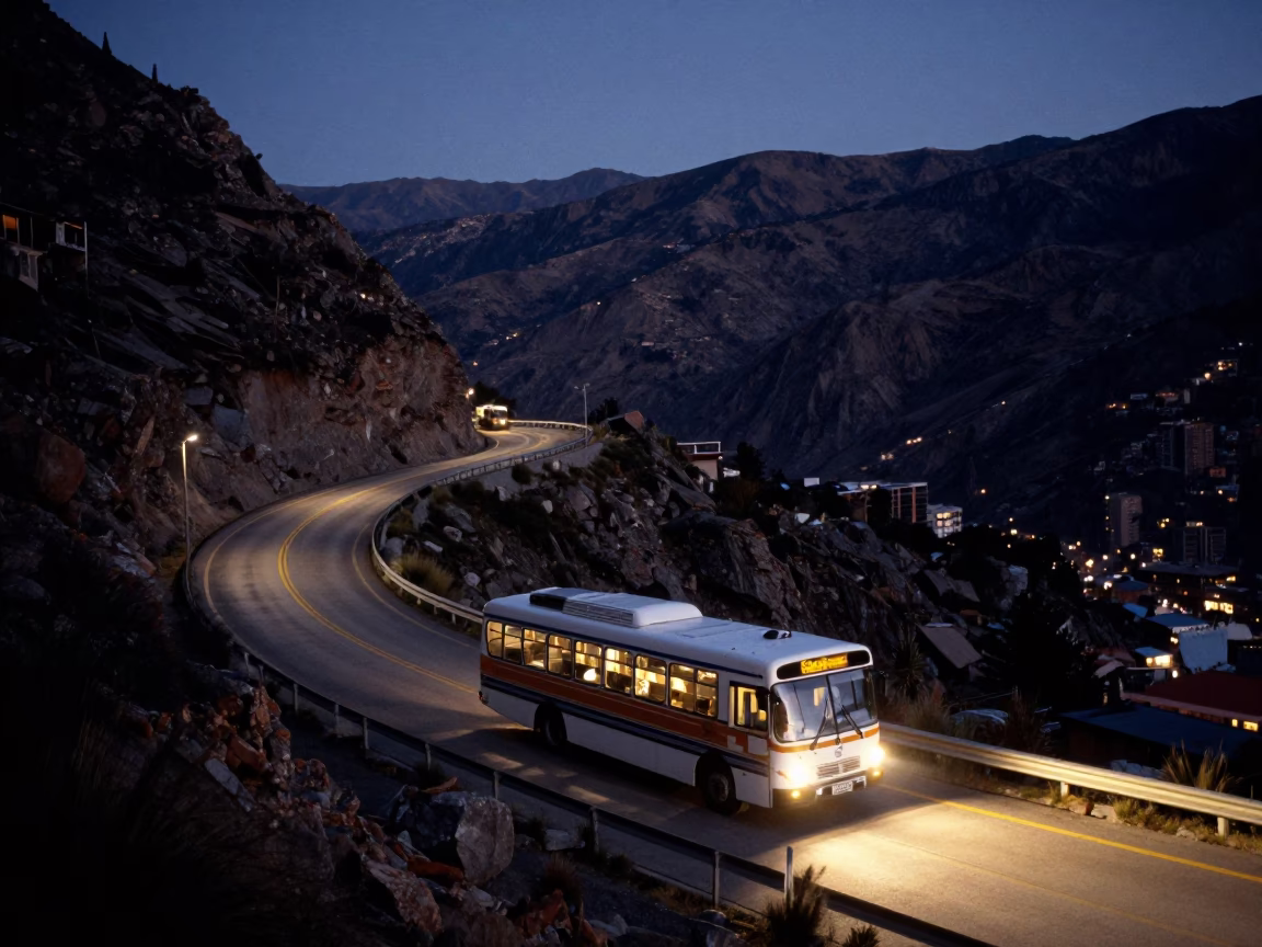 Mountain Highway at The Predawn Darkness Light in La Paz in in La Paz, Bolivia