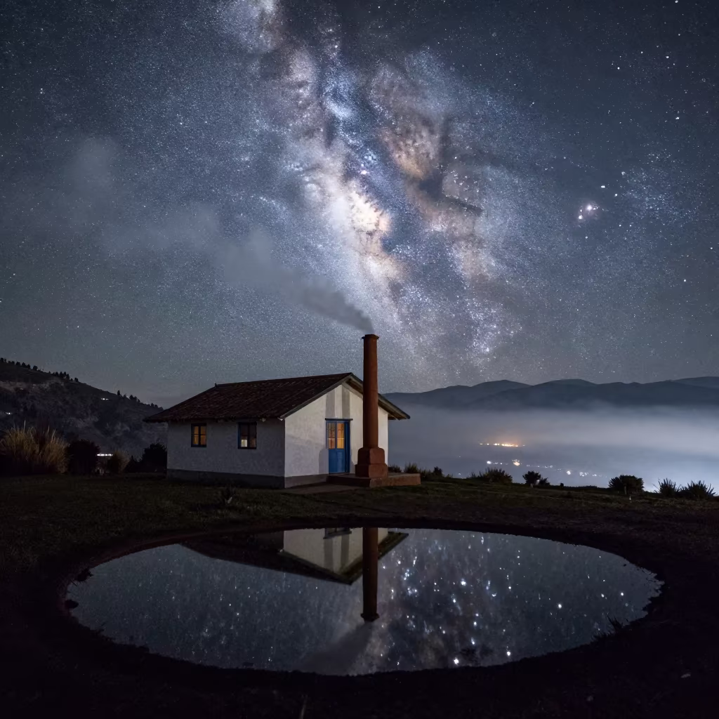 Mountain Hut Chimney Smoke Under Milky Way in near San Marcos, Quito