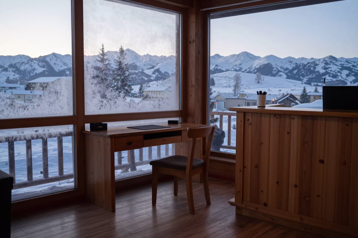 Mountain Inn Desk in Winter Dawn Light in inside a spa reception near Almaty