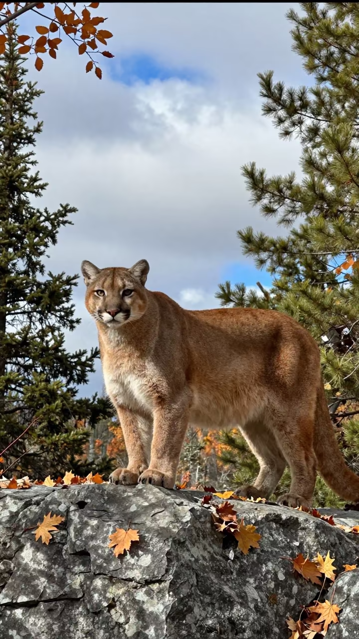 Mountain Lion on Rocky Ledge in Autumn Forest in in Canada