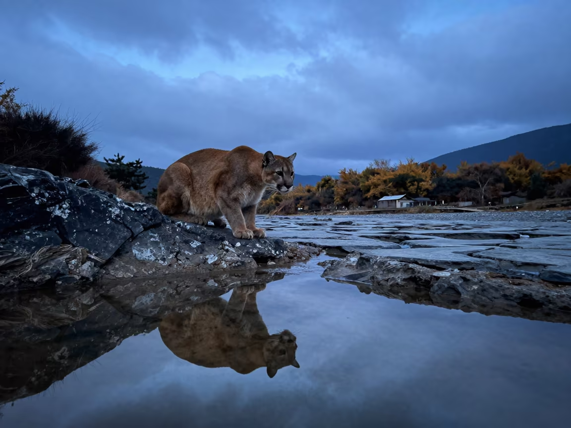 Mountain Lion on Mirror Water Ledge at Twilight in beside a tidal inlet in Yunnan