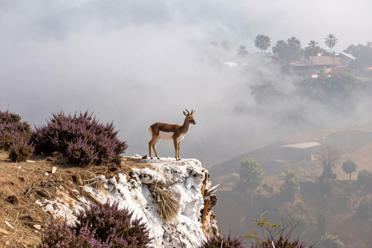 Mountain Nyala Amidst Mist on Cliff Edge in along a salt-sprayed cliff edge near Thamel, Kathmandu