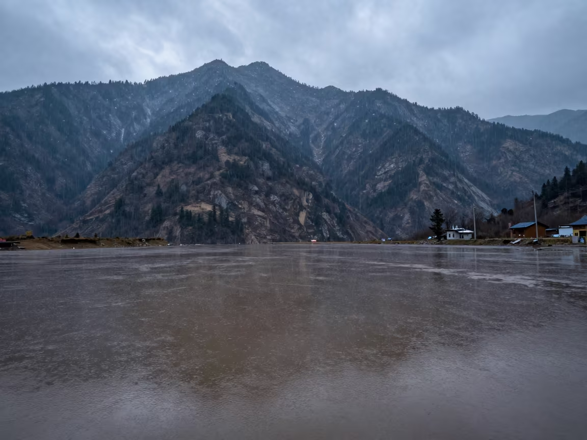 Mountain Ridge Double Exposure Over Floodplain in across a floodplain after rain in Uttarakhand