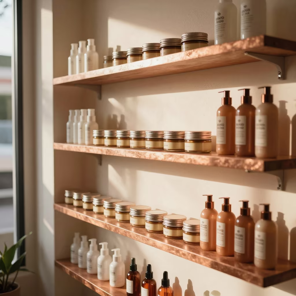 Mousse and Protectant on Shelf in inside a skincare treatment room in Punto Fijo