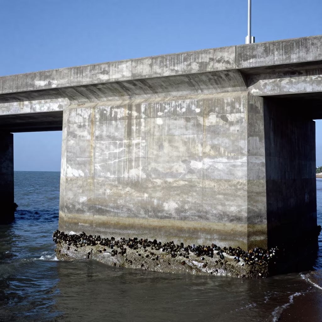 Mozambique Bridge Pier Tide Lines Mussels in beneath a bridge span in Mozambique